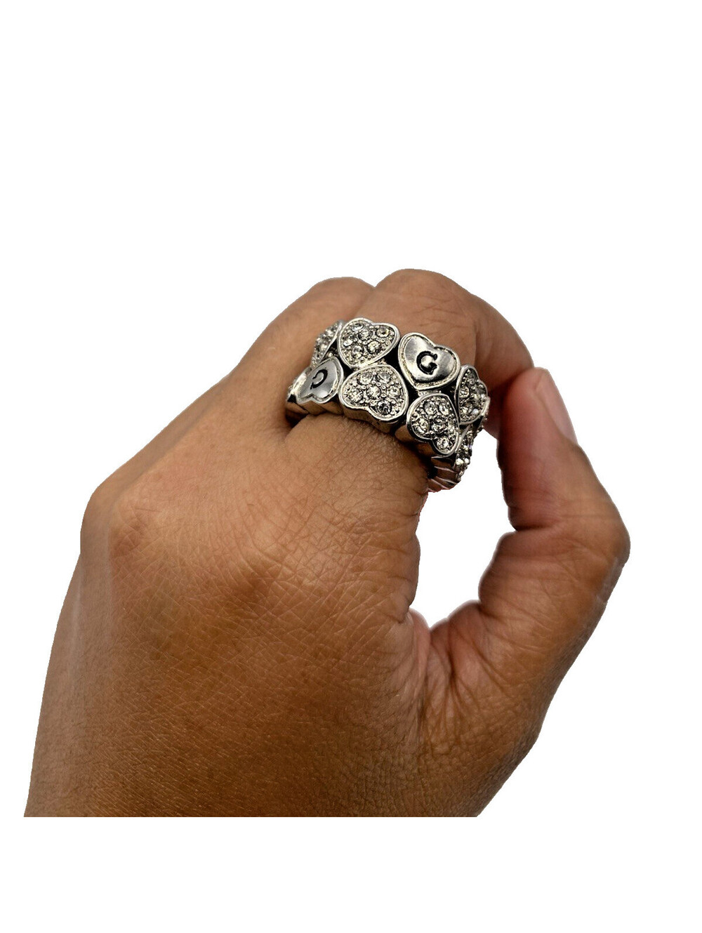 Silver-Tone Pave CZ Infinity Heart Statement Stretch Chucky Initial G Ring Sz 10
